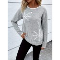 Plus Size Snowflake Pattern Crew Neck Knit Sweater, Casual Contrast Trim Long Sleeve Top For Fall & Winter, Women's Plus Size Clothing