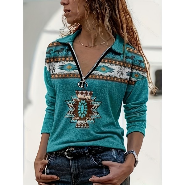 Plus Size Boho Top, Women's Plus Southwestern Print Long Sleeve Turn Down Collar Zipper Top