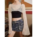 Plus Size Crochet Cover Up Knitted Crop Top, Sexy Hollow Out Beach Wear Long Sleeve Sweater, Women's Plus Size Clothing