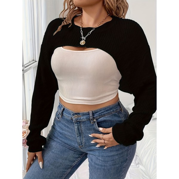 Plus Size Solid Crew Neck Pullover Sweater, Casual Long Sleeve Ribbed Knitted Sweater For Fall & Spring, Women's Plus Size Clothing