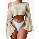 Plus Size Solid Slant Shoulder Crop Knitted Top, Vacation Style Hollow Out Flare Long Sleeve Top For Spring & Summer, Women's Plus Size Clothing