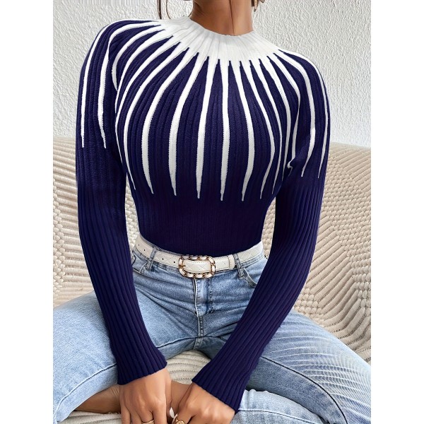 1pc Elegant Plus Size Women's Striped Knit Long Sleeve Top, Polyester Stretchy Pullover Sweater with Contrast Color Detail, Round Neck, for Spring/Autumn