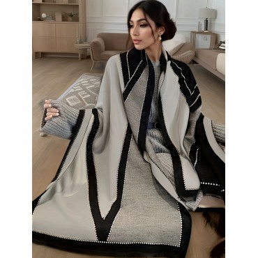 Plus Size Geometric Pattern Large Scarf, Soft Cozy Color Block Linen Shawl For Fall & Winter, Women's Plus Size Clothing