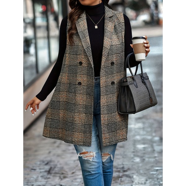 1pc Elegant Plus Size Plaid Double-Breasted Waistcoat - Casual Polyester Midi Vest with Lapel Collar and Woven Fabric