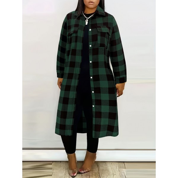 Chic Plus Size Plaid Longline Coat for Women - Casual Button-Up, Long Sleeve with Turn-Down Collar, Machine Washable