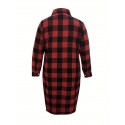 Chic Plus Size Plaid Longline Coat for Women - Casual Button-Up, Long Sleeve with Turn-Down Collar, Machine Washable