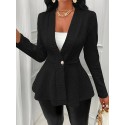 Plus Size Solid Textured Button Front Coat, Casual Long Sleeve Outwear For Spring & Fall, Women's Plus Size Clothing