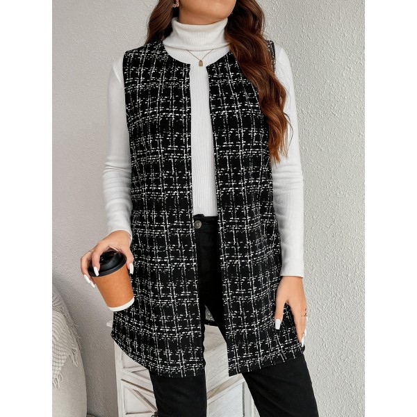 Plus Size Plaid Pattern Vest Elegant Open Front Sleeveless Vest For Spring & Fall, Women's Plus Size Clothing