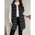 Plus Size Plaid Pattern Vest Elegant Open Front Sleeveless Vest For Spring & Fall, Women's Plus Size Clothing