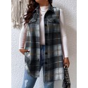 Plus Size Plaid Pattern Button Front Vest, Casual Sleeveless Flap Detail Gilet Jacket For Fall & Spring, Women's Plus Size Clothing