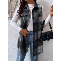 Plus Size Plaid Pattern Button Front Vest, Casual Sleeveless Flap Detail Gilet Jacket For Fall & Spring, Women's Plus Size Clothing