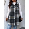 Plus Size Plaid Pattern Button Front Vest, Casual Sleeveless Flap Detail Gilet Jacket For Fall & Spring, Women's Plus Size Clothing