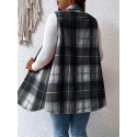 Plus Size Plaid Pattern Button Front Vest, Casual Sleeveless Flap Detail Gilet Jacket For Fall & Spring, Women's Plus Size Clothing