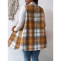 Plus Size Plaid Pattern Button Front Vest, Casual Sleeveless Flap Detail Gilet Jacket For Fall & Spring, Women's Plus Size Clothing