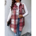 Plus Size Plaid Pattern Button Front Vest, Casual Sleeveless Flap Detail Gilet Jacket For Fall & Spring, Women's Plus Size Clothing