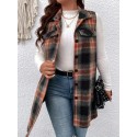 Plus Size Plaid Pattern Button Front Vest, Casual Sleeveless Flap Detail Gilet Jacket For Fall & Spring, Women's Plus Size Clothing