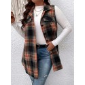 Plus Size Plaid Pattern Button Front Vest, Casual Sleeveless Flap Detail Gilet Jacket For Fall & Spring, Women's Plus Size Clothing