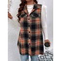 Plus Size Plaid Pattern Button Front Vest, Casual Sleeveless Flap Detail Gilet Jacket For Fall & Spring, Women's Plus Size Clothing