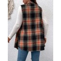 Plus Size Plaid Pattern Button Front Vest, Casual Sleeveless Flap Detail Gilet Jacket For Fall & Spring, Women's Plus Size Clothing