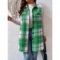 Plus Size Plaid Pattern Button Front Vest, Casual Sleeveless Flap Detail Gilet Jacket For Fall & Spring, Women's Plus Size Clothing