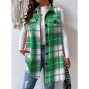 Plus Size Plaid Pattern Button Front Vest, Casual Sleeveless Flap Detail Gilet Jacket For Fall & Spring, Women's Plus Size Clothing