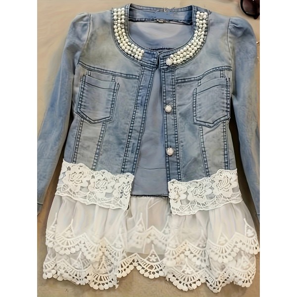 Plus-size Ladies Denim Top Pearl-collar Jacket