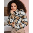 Tooluck Women's Plus Size Fashion Short Jacket Buttoned Corduroy Jacket Casual Plaid Long Sleeve Jacket Top