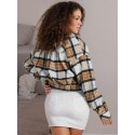 Tooluck Women's Plus Size Fashion Short Jacket Buttoned Corduroy Jacket Casual Plaid Long Sleeve Jacket Top