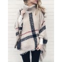 Elegant Plus Size Plaid Turtleneck Cape Sweater for Women - Cozy Acrylic, Fringe Detail, Perfect for Fall/Winter, Best for Christmas