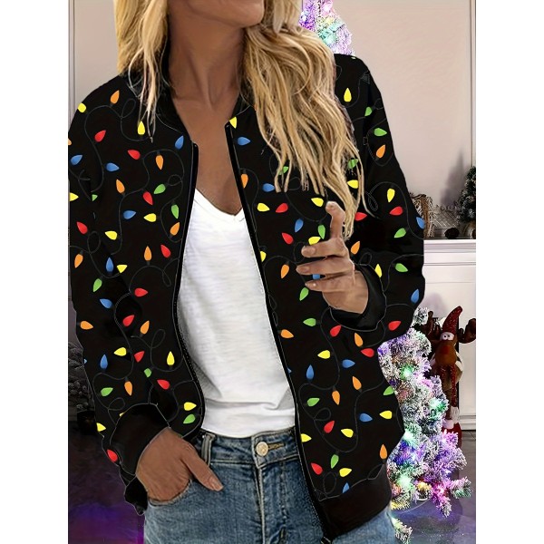 Plus Size Elegant Christmas Light Print Jacket - Polyester Knit Fabric with Elastane, Stand Collar, Medium Stretch, Zipper Detail, Winter Festive Outerwear