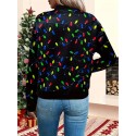 Plus Size Elegant Christmas Light Print Jacket - Polyester Knit Fabric with Elastane, Stand Collar, Medium Stretch, Zipper Detail, Winter Festive Outerwear