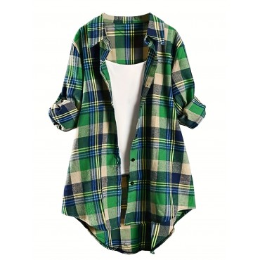 Curve Autumn And Winter Women's Fashion New Daily Casual Plaid Long-sleeved Button Ladies Shirt