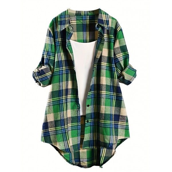 Curve Autumn And Winter Women's Fashion New Daily Casual Plaid Long-sleeved Button Ladies Shirt