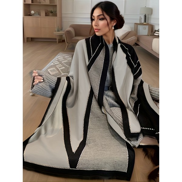 Plus Size Geometric Pattern Large Scarf, Elegant And Cozy Colorblock Shawl Coat For Fall & Winter, Women's Plus Size Clothing