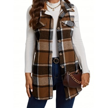 Elegant Plus Size Plaid Vest with Lapel Collar, Polyester Woven Sleeveless Outerwear, Regular Length, with Flap Detail