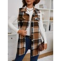 Elegant Plus Size Plaid Vest with Lapel Collar, Polyester Woven Sleeveless Outerwear, Regular Length, with Flap Detail