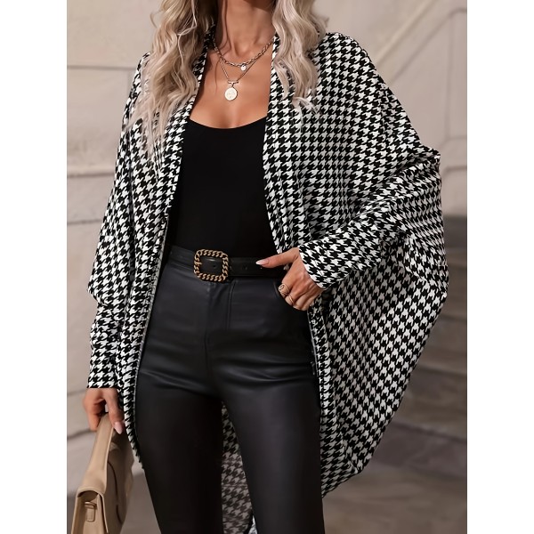 Elegant Houndstooth Open Front Coat with Batwing Sleeves - Polyester Blend, Non-Stretch Fabric for Women - Perfect for Fall/Winter