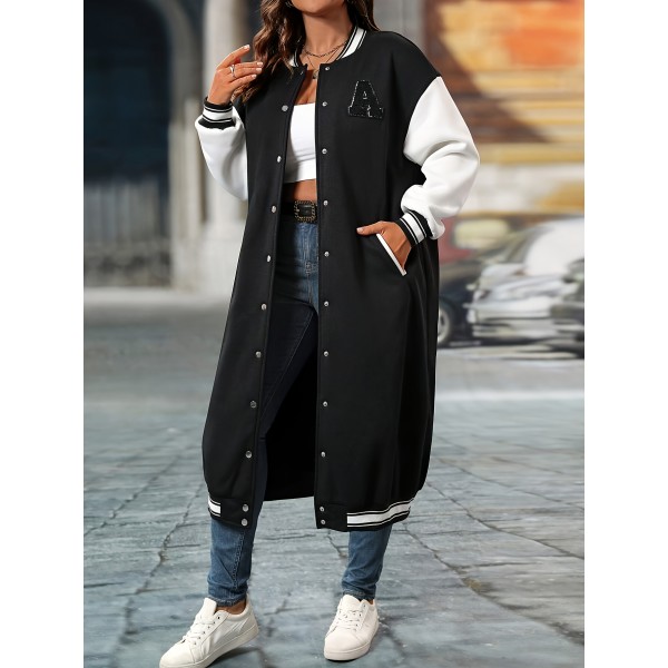 Plus Size Color Block Button Front Jacket, Casual Long Sleeve Longline Jacket For Fall & Winter, Women's Plus Size Clothing